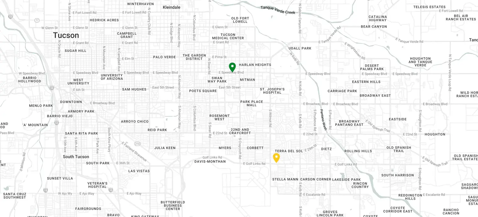 map with markers for the golf links and speedway locations